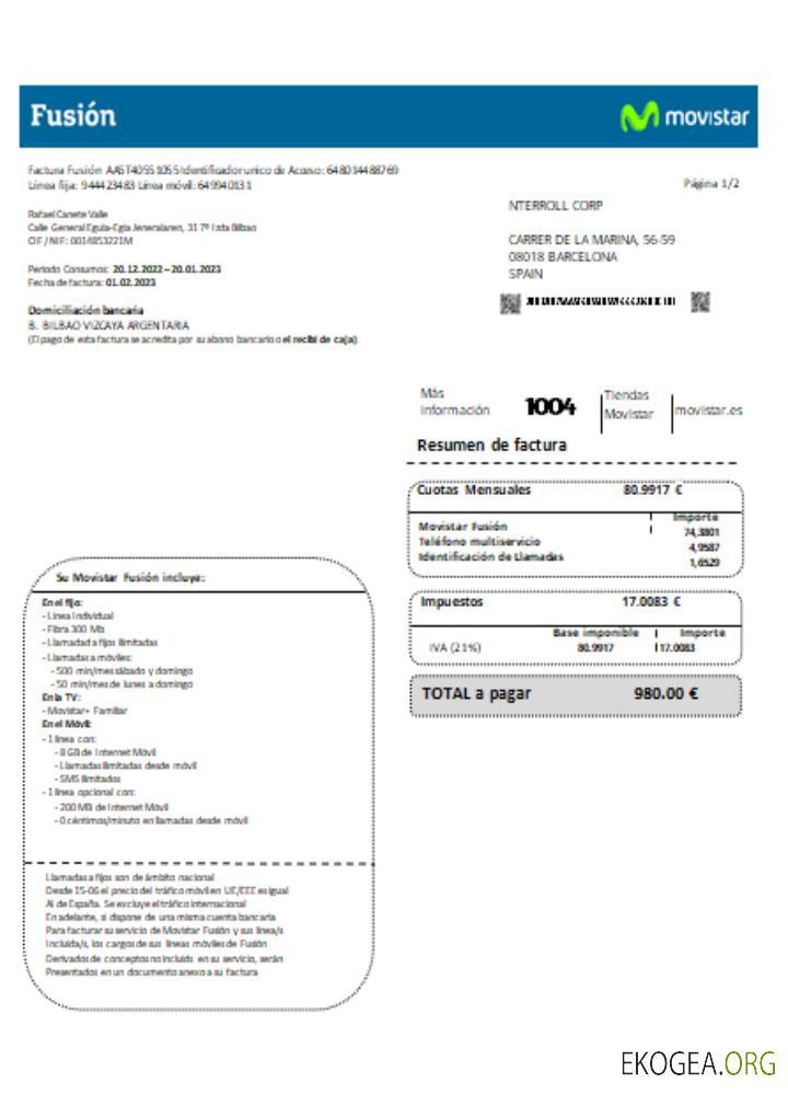 Facture commerciale de service public de l'opérateur de télécommunications Movistar Fusion, SCR